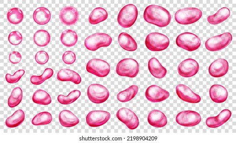 Conjunto de gotas de agua traslúcidas realistas en colores rojos de varias formas, aisladas en un fondo transparente. Transparencia sólo en formato vectorial