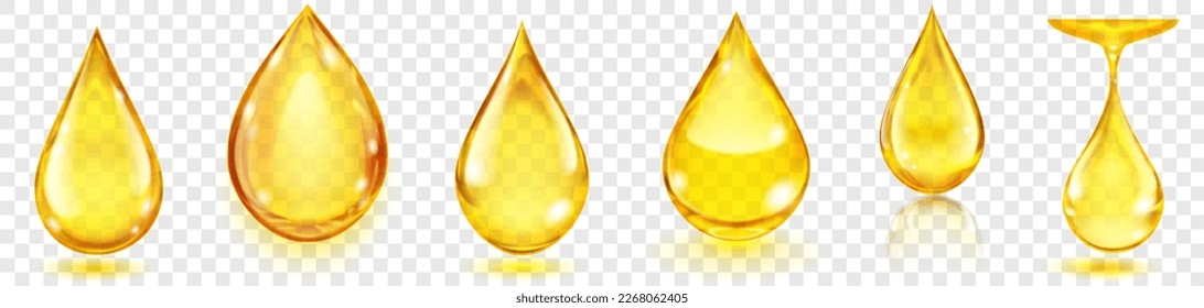 Set of realistic translucent water drops in yellow colors in various shapes with glares and shadows, isolated on transparent background. Transparency only in vector format