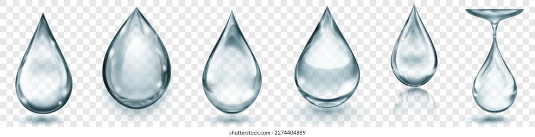 Set of realistic translucent water drops in gray colors in various shapes with glares and shadows, isolated on transparent background. Transparency only in vector format