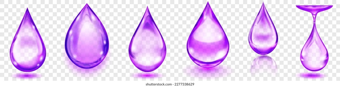 Set of realistic translucent water drops in light purple colors in various shapes with glares and shadows, isolated on transparent background. Transparency only in vector format