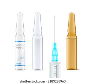 Set of realistic transparent and amber glass ampoule mockup. Vector illustration isolated on white background. Can be use for medicine, cosmetic and other. Ready for your design. EPS10.	