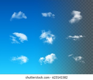 Set Of Realistic Transparent Clouds on blue backgrounds. Vector Illustration.