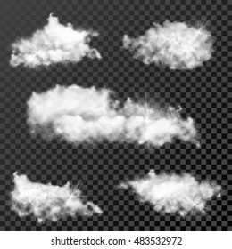 Set of realistic transparent clouds, sunny weather cloudscape on checkered background. Vector illustration