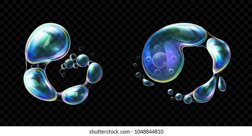 Set of realistic transparent colorful soap bubbles in the deformation. Water spheres with air, soapy balloons, lather, suds, soapsuds. Glossy Foam Balls with bright reflex. Vector 3d illustration.