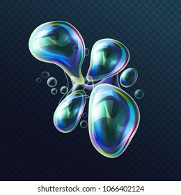 Set of realistic transparent colorful soap bubbles in the deformation. Water spheres with air, soapy balloons, lather, suds, soapsuds. Glossy Foam Balls with bright reflex. Vector 3d illustration.