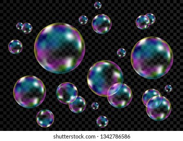 Set of realistic transparent colorful soap  bubbles with rainbow reflection isolated on checkered background. Vector texture.