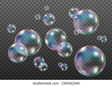 Set of realistic transparent colorful soap  bubbles with rainbow reflection isolated on checkered background. Vector texture.