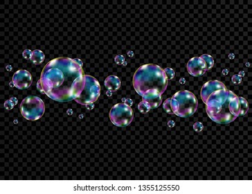 Set of realistic transparent colorful soap  bubbles with rainbow reflection isolated on checkered background. Vector texture.