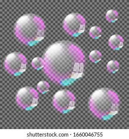 Set of realistic transparent colorful soap bubbles isolated on checkered background. Vector texture.