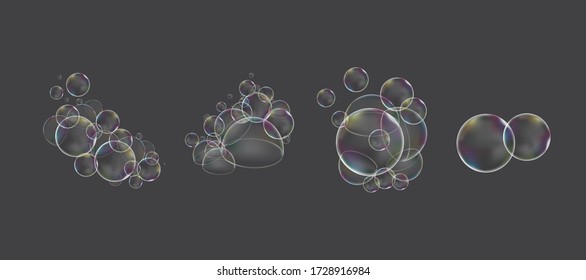 Set of realistic transparent colorful soap bubbles with rainbow reflection isolated on black background. Vector texture.