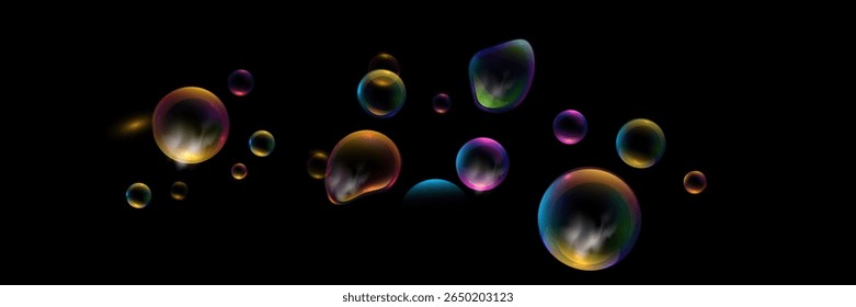 Conjunto de bolhas de sabão coloridas transparentes realistas com reflexo arco-íris isolado no fundo quadriculado. Textura vetorial.