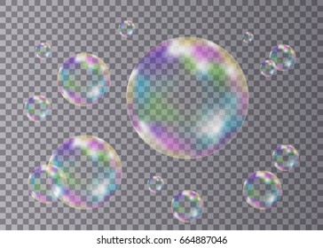 Set of realistic transparent colorful soap  bubbles with rainbow reflection isolated on checkered background. Vector texture.