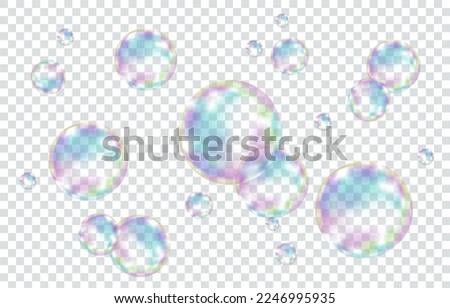 Set of realistic transparent colorful soap  bubbles with rainbow reflection isolated on checkered background. Vector texture.
