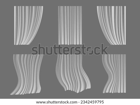 Set of realistic transparent curtains. Light sheer flowy fabrics