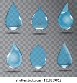Set of realistic transparent drops in blue colors. Vector illustration