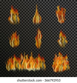 Set of realistic transparent fire flames on a plaid black white grid background. Special light effects. Translucent bonfire elements. Gradient mesh vector illustration for your design and business. 