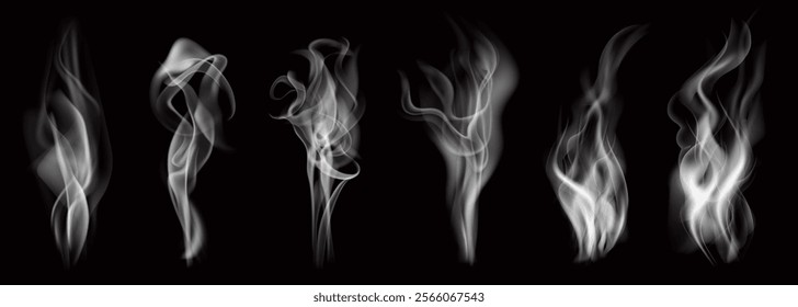 Set of realistic transparent fire smoke pattern, winter fog or mist effect, hot food, drink or water steam, nature sky cloud, weather element and explosion wave. Cigarette or chimney smoke symbol art.