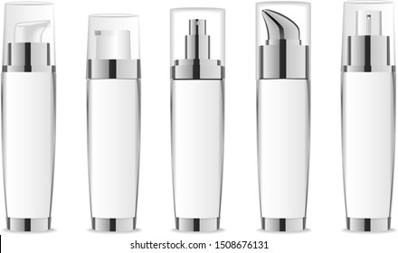 Set of realistic transparent glass or acrylic bottles with pump dispenser or spray. Beauty product mock up isolated on white. Vector