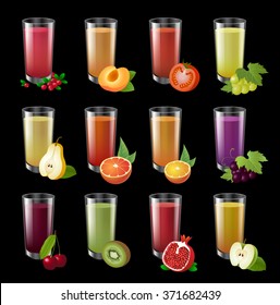 Set realistic transparent glasses of juice on a dark background. Big set of colorful realistic illustration. Drinks with fruit halves.