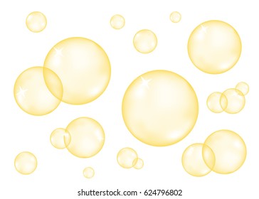 Set Of Realistic Transparent  Glossy Gold  Bubbles   Isolated On White  Background. Golden Sphere. Vector  Texture.