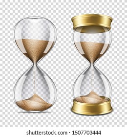 Set of realistic transparent hourglass, isolated on transparent background.