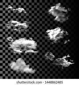Set of Realistic and Transparent, isolated clouds on a transparent background. Smoke or thunderclouds. Kit of Design elements. 