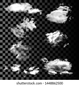 Set of Realistic and Transparent, isolated clouds on a transparent background. Smoke or thunderclouds. Kit of Design elements. 