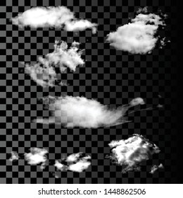 Set of Realistic and Transparent, isolated clouds on a transparent background. Smoke or thunderclouds. Kit of Design elements. 