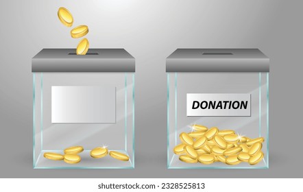 set of realistic transparent money jar for tips or money box glass transparent for donations. eps vector