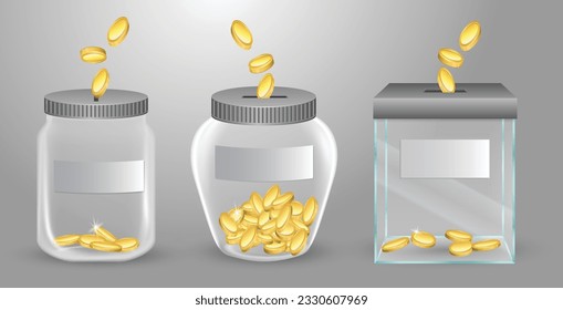 set of realistic transparent money jar for tips or money box glass transparent for donations. eps vector
