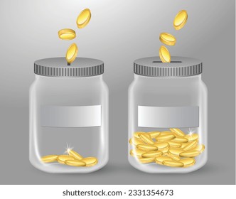 set of realistic transparent money jar for tips or money box glass transparent for donations. eps vector