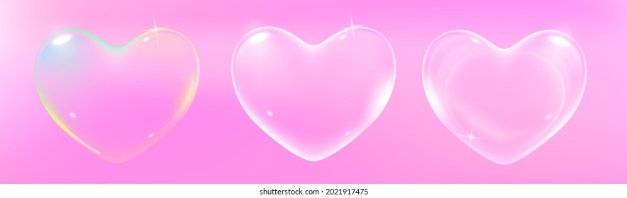 Set of realistic transparent pink, rainbow and white vector soap bubbles shaped as heart. Romantic glossy soapy heart. Valentine day symbol. Pink background.
