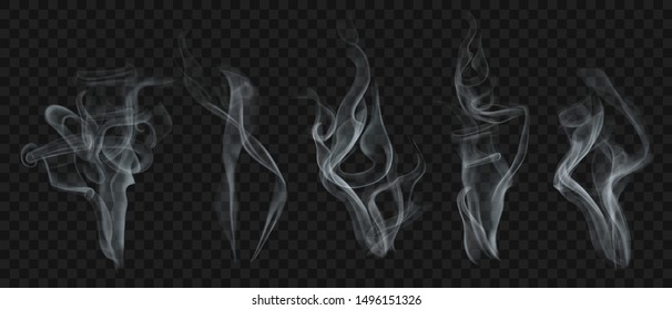 Set realistic transparent smoke steam in white   gray colors  for use dark background  Transparency only in vector format