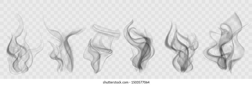 Set of realistic transparent smoke or steam in white and gray colors, for use on light background. Transparency only in vector format