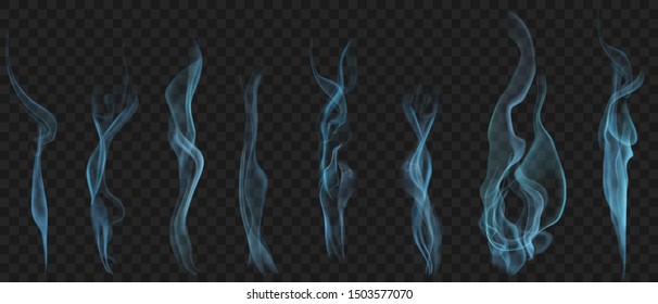 Set of realistic transparent smoke or steam in light blue colors, for use on dark background. Transparency only in vector format