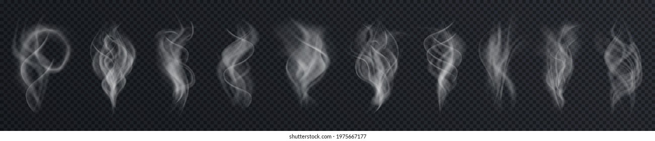 Set of realistic transparent smoke or steam isolated in white and gray colors, fog and mist effect. Collection of white smoke steam, waves from tea, coffee, hot food, cigarettes - vector