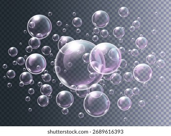Conjunto de burbujas de jabón transparentes realistas. Ilustración vectorial
