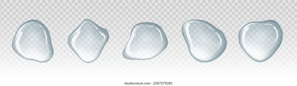 Set of realistic transparent water droplets with irregular shapes and glossy reflections on a transparent background. 3D liquid elements for hydration, skincare, and cosmetic product design.