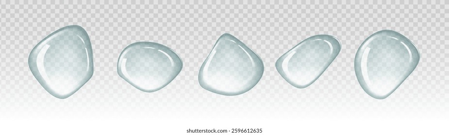 Set of realistic transparent water droplets with irregular shapes and glossy reflections on a transparent background. 3D liquid elements for hydration, skincare, and cosmetic product design.