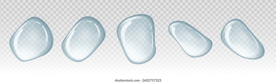 Set of realistic transparent water droplets with irregular shapes and glossy reflections on a transparent background. 3D liquid elements for hydration, skincare, and cosmetic product design.