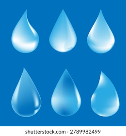 Set of realistic transparent water droplets with glossy reflections and smooth gradients, isolated on blue background.