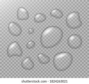 Set of realistic transparent water drops. Drops of water flow on window. Drops water rain on transparent background.