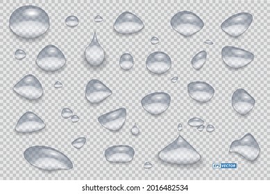 set of realistic transparent water drops or water drop liquid clear style or realistic aqua drop splashes concept. eps vector