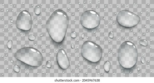 Set of realistic transparent water drops. Template isolated on a transparent background. Vector illustration