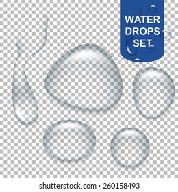 Set of realistic transparent water drops. Vector EPS10 illustration. 