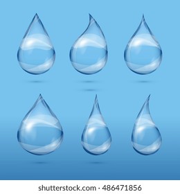 Set of realistic transparent water drops. Fresh droplet clear, vector illustration