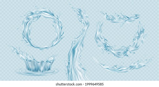 Set of realistic transparent water splashes, water crown, waves, drops isolated on a light blue transparent background. Vector illustration EPS10