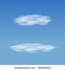 Set of realistic transparent white clouds on a plaid blue sky background. Cirrus, cumulus, spindrift clouds. Custom shapes and textures. Vector illustration EPS 10. For your design and business.