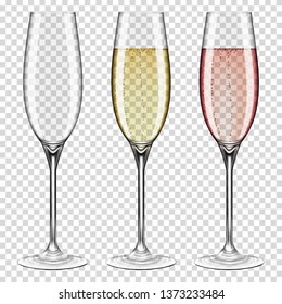 Set of realistic transparent wine glasses empty and with champagne, isolated on transparent background.