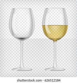 Set of realistic transparent wine glasses. One glass with white wine and one empty glass. Graphic design elements for advertisement, flyer, poster, web site, restaurant menu. Vector illustration.